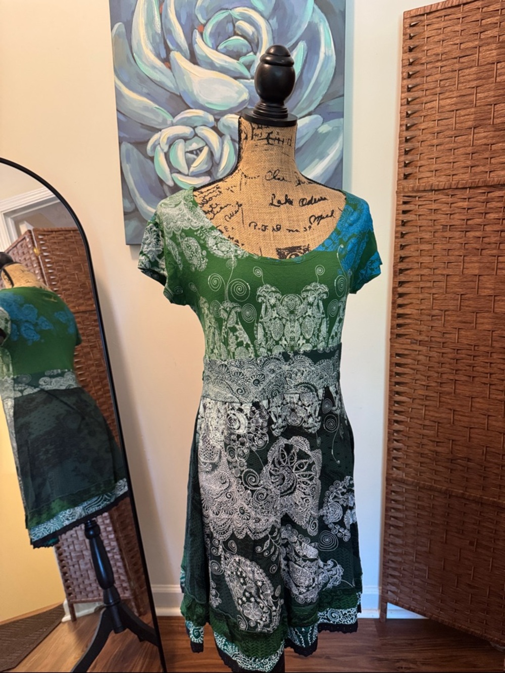 Desigual Green and Teal Paisley-Print Short Sleeve Mini Dress